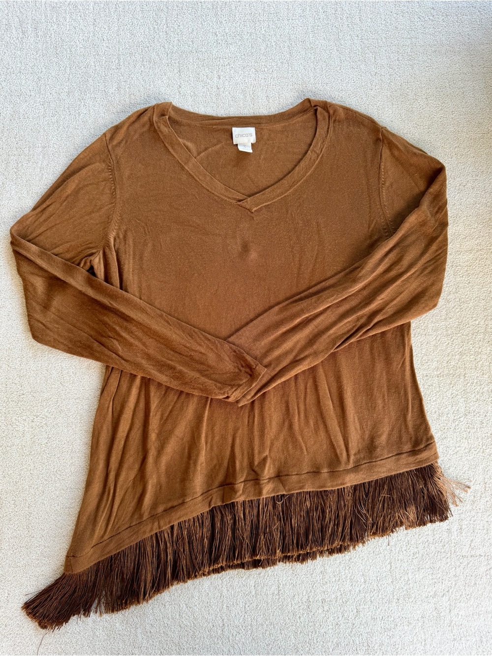 Chico's Rust Brown V-Neck Long Sleeve Top with Fringe Hem Asymmetrical Western
